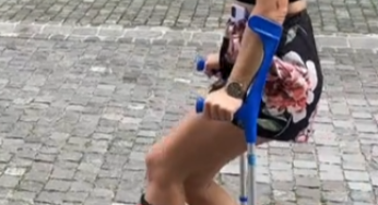 Walking in red leg cast
